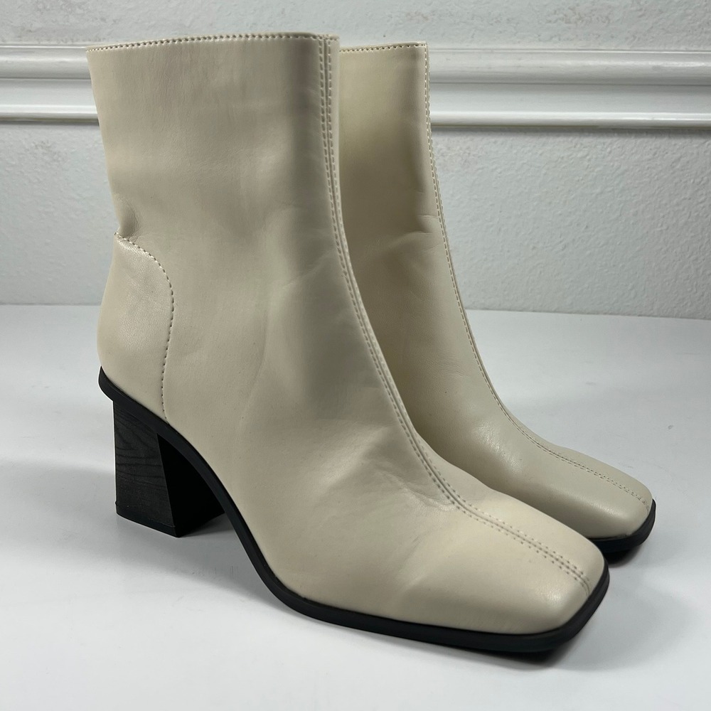 Oasis‎ Society Ankle Boots Square Toe Wood Grain Block Heel Cream Womens 7.5